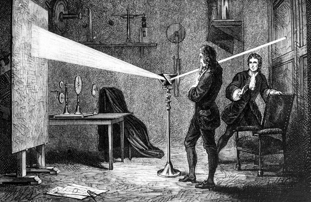 Engraving depicting Isaac Newton's Experimentum Crucis/em.