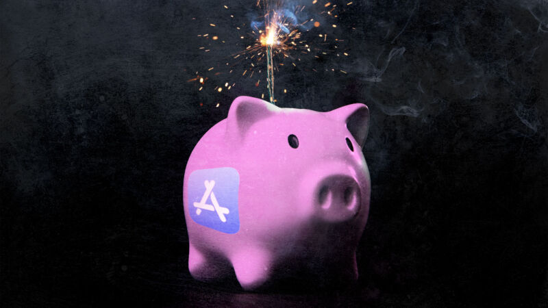 an artist's rendition of a piggy bank with the Apple App Store logo about to explode