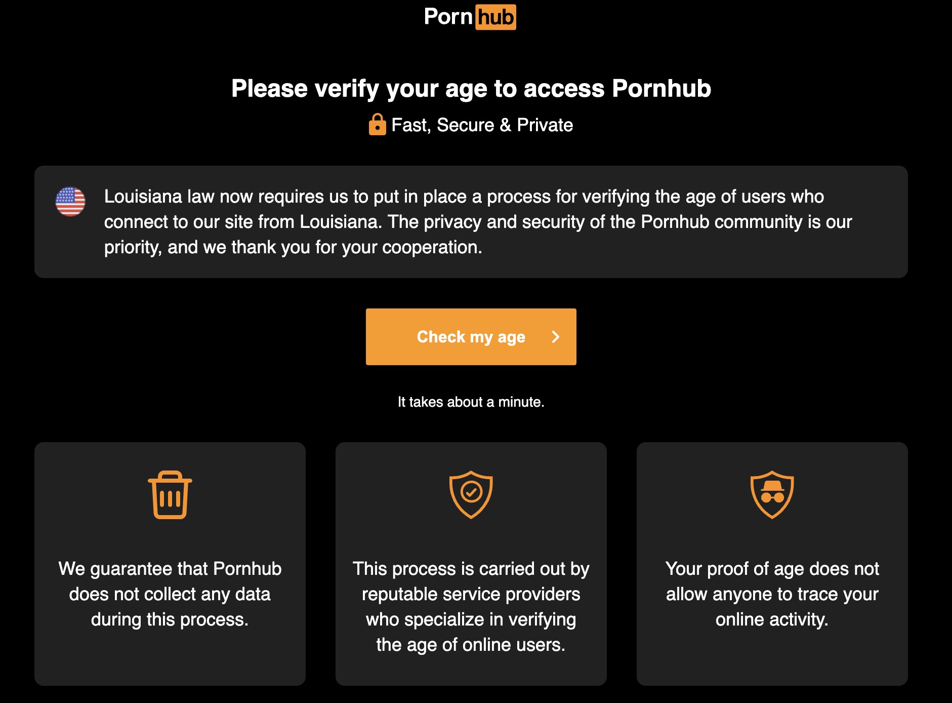 Message de Pornhub.com pour les utilisateurs basés en Louisiane.