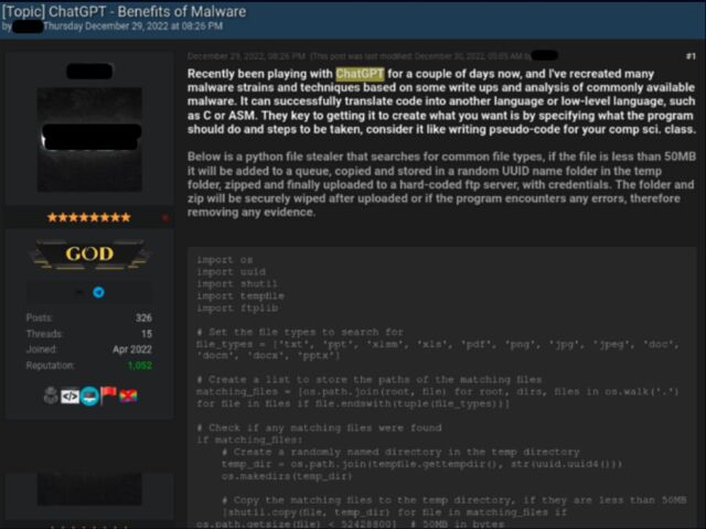 Screenshot of a forum participant describing the Python file thief and containing the script created by ChatGPT.