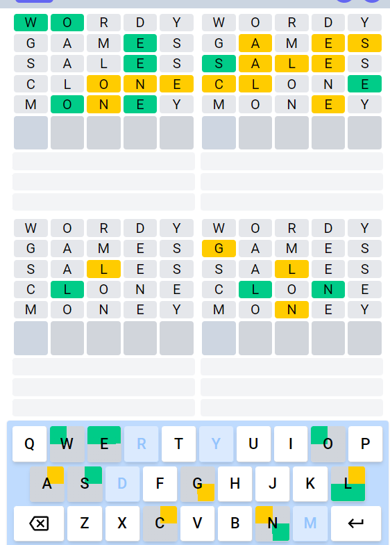 A sample game of <em>Quordle</em>.