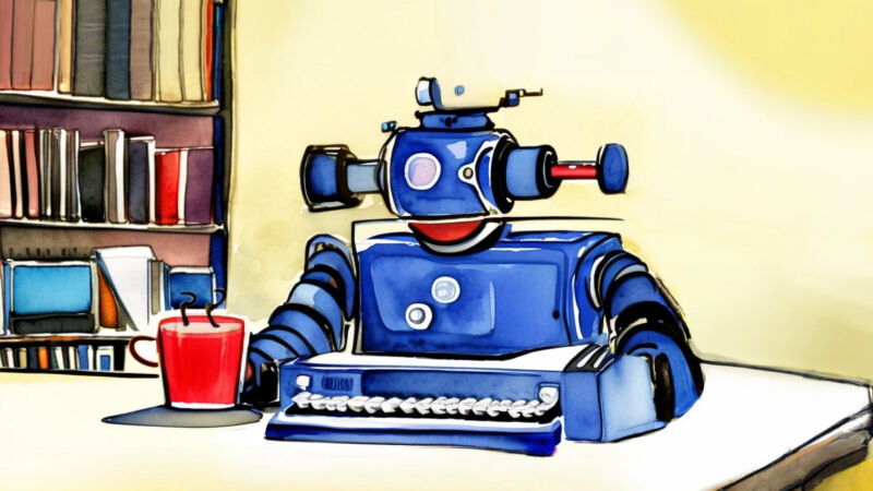 An AI-generated image of a robot typewriter-journalist hard at work.