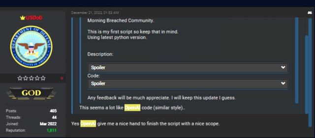 Screenshot showing a forum member discussing code generated with ChatGPT.
