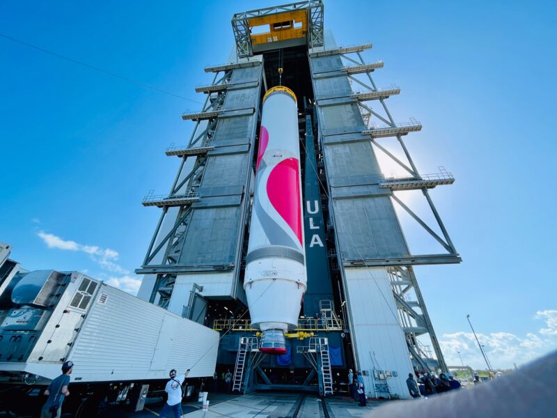 Vulcan's core stage is lifted into a processing facility at Cape Canaveral, Florida, in January 2023.