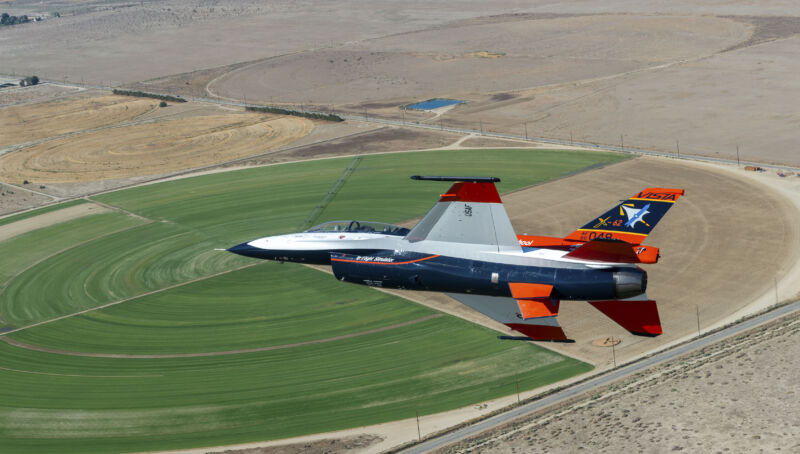 The X-62A Variable Stability In-Flight Simulator Test Aircraft, or VISTA, flies over Palmdale, Calif., Aug. 26, 2022.
