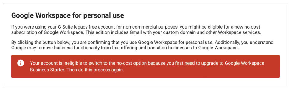 "Google Workspace for personal use" is not a thing that exists.