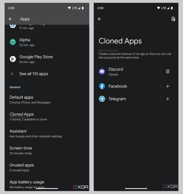 Clonación de aplicaciones en Android 14.