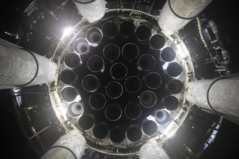 A view of the business end of SpaceX's Super Heavy rocket.