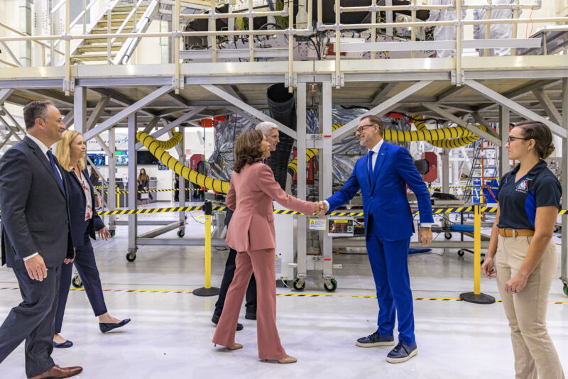 US Vice President Kamala Harris shakes hands with Josef Aschbacher, director general of the European Space Agency, right, during a tour of Artemis II and Artemis III mission hardware at Kennedy Space Center in Cape Canaveral, Florida, in 2022.