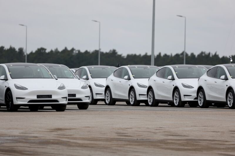 Tesla Model Y electric vehicles in a lot at the Tesla Inc. Gigafactory in Gruenheide, Germany, on Saturday, Jan. 21, 2023.