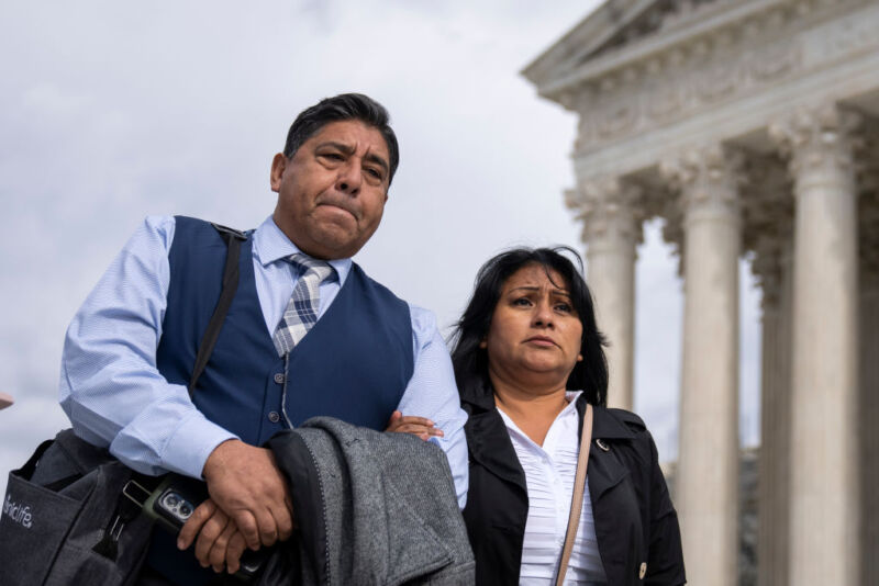 Jose Hernandez and Beatriz Gonzalez, stepfather and mother of Nohemi Gonzalez, who died in a terrorist attack in Paris in 2015, arrive to speak to the press outside of the US Supreme Court following oral arguments in <em>Gonzalez v. Google</em> on February 21 in Washington, DC.