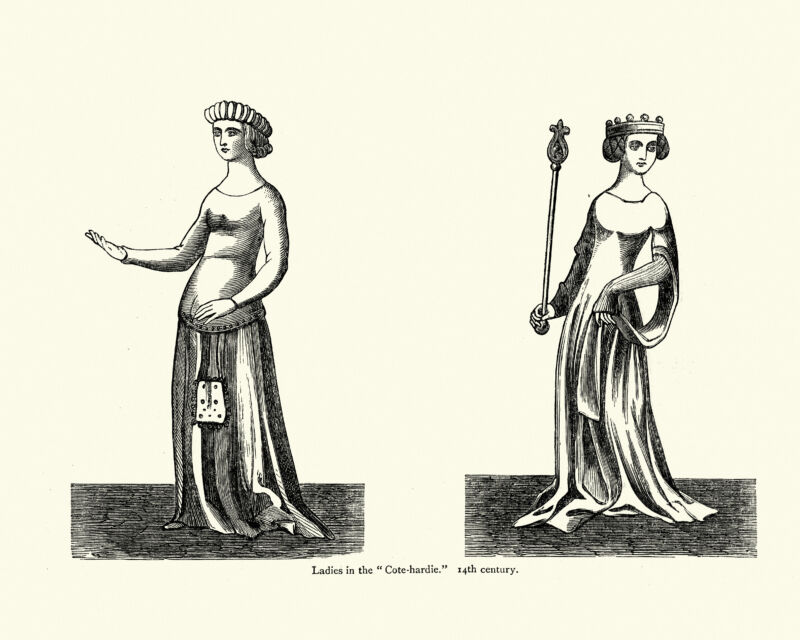 Two sketches of women in Medieval clothing