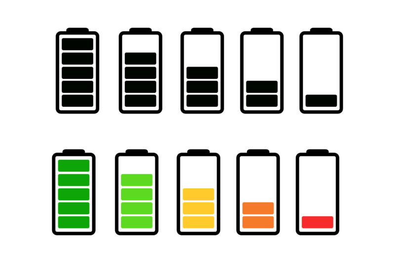 Image of battery charge icons in black and white and color, with various states of discharge.