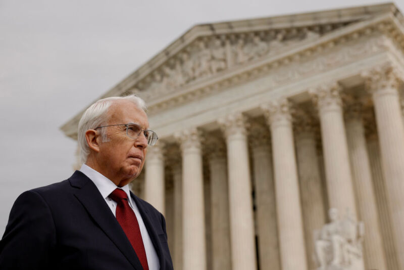 Attorney Eric Schnapper speaks to reporters outside of the US Supreme Court following oral arguments for the case Twitter v. Taamneh on February 22, 2023, in Washington, DC.