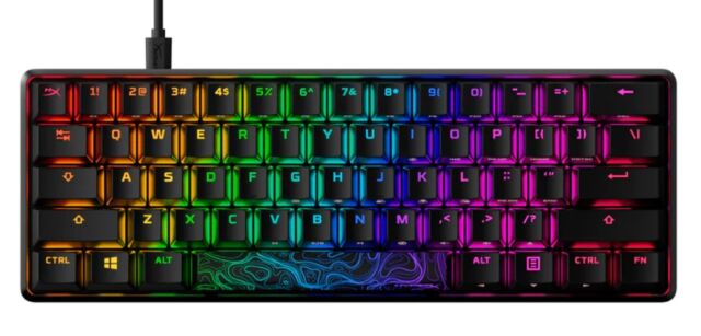 HyperX's Alloy Origins 60 comes with the decorated spacebar keycap pictured, plus a solid-colored one. 