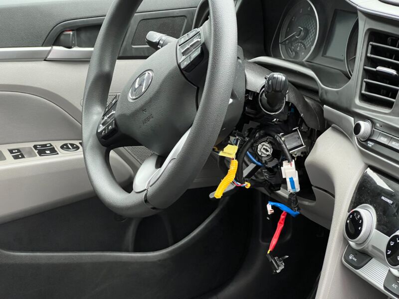 A Hyundai with its steering column opened as part of a theft.
