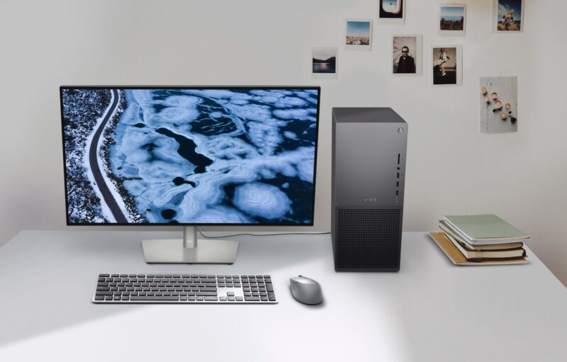 Dell's 2023 XPS desktop on a desk connected to a monitor