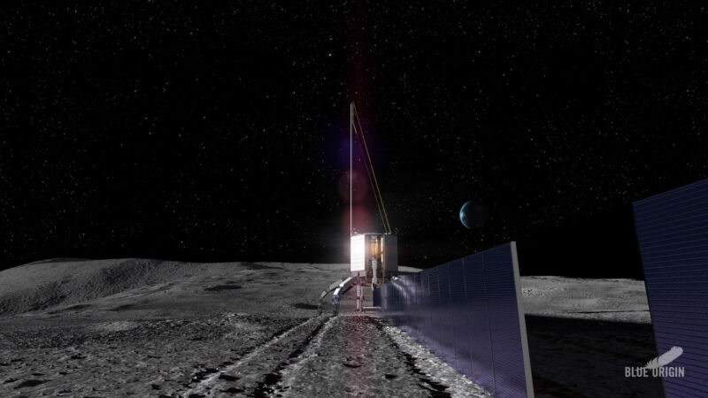 In this depiction Blue Alchemist is shown constructing solar cells on the lunar surface. 
