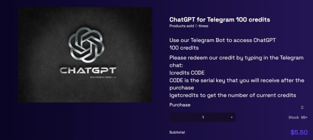 An ad for a Telegram bot that can use ChatGPT to generate malicious content.