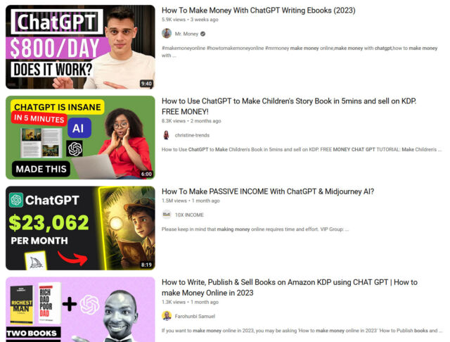 Una búsqueda rápida en YouTube muestra muchos resultados que promueven ganar dinero con ChatGPT.