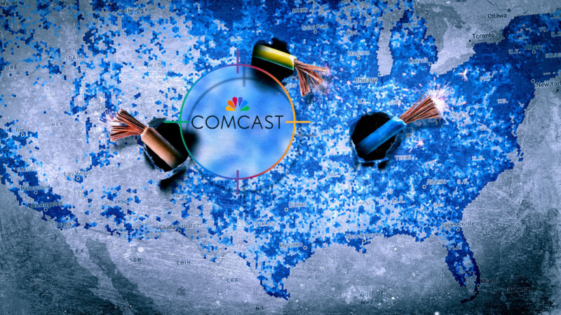 Illustration of a US broadband map with a Comcast logo and three coaxial cables.