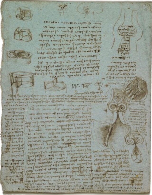 Leonardo da Vinci's sketches and descriptions of the anatomy of the human heart.