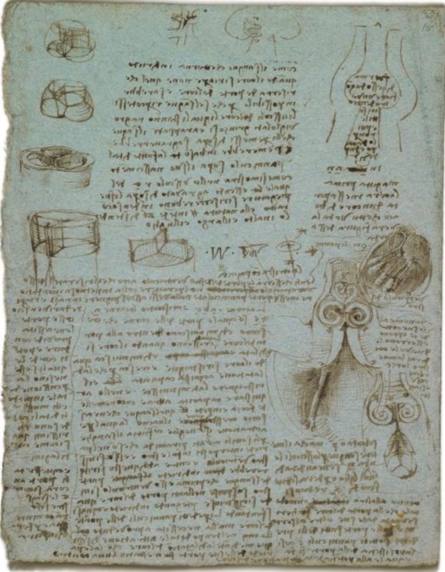 Bocetos y descripciones de la anatomía del corazón humano de Leonardo da Vinci.