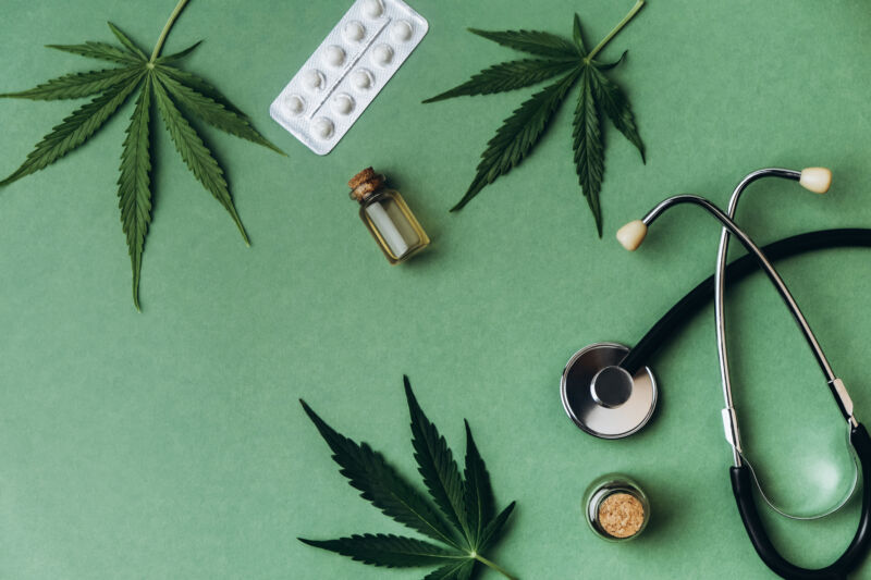 Cannabis leaves and stethoscope