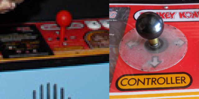 The joystick shown in the FAMB photos (left, zoomed in for detail) vs. the joystick on an unmodified <em>Donkey Kong</em> cabinet (right).