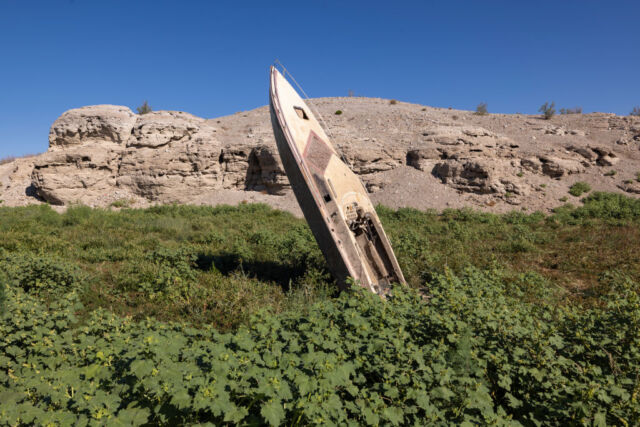 A sunken boat has reemerged as unprecedented drought reduces Colorado River and Lake Mead to critical water levels on September 18, 2022 in Lake Mead National Recreation Area, Nevada.