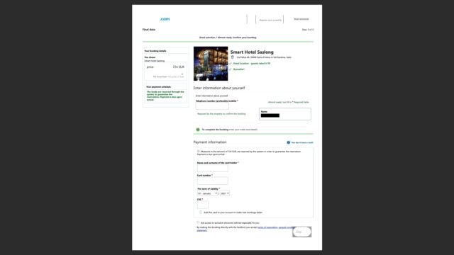 La fausse page de paiement de Booking.com.