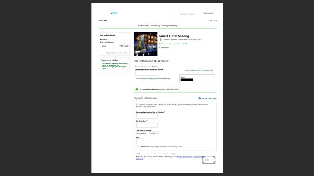 La página de pago falsa de Booking.com.