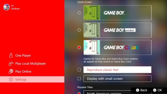 Most of the viewing options in the Game Boy app. Choose a screen type, whether you want the pixel-and-ghosting filter enabled, and whether you want the game stretched to fill the screen or left tiny and Game Boy-sized.