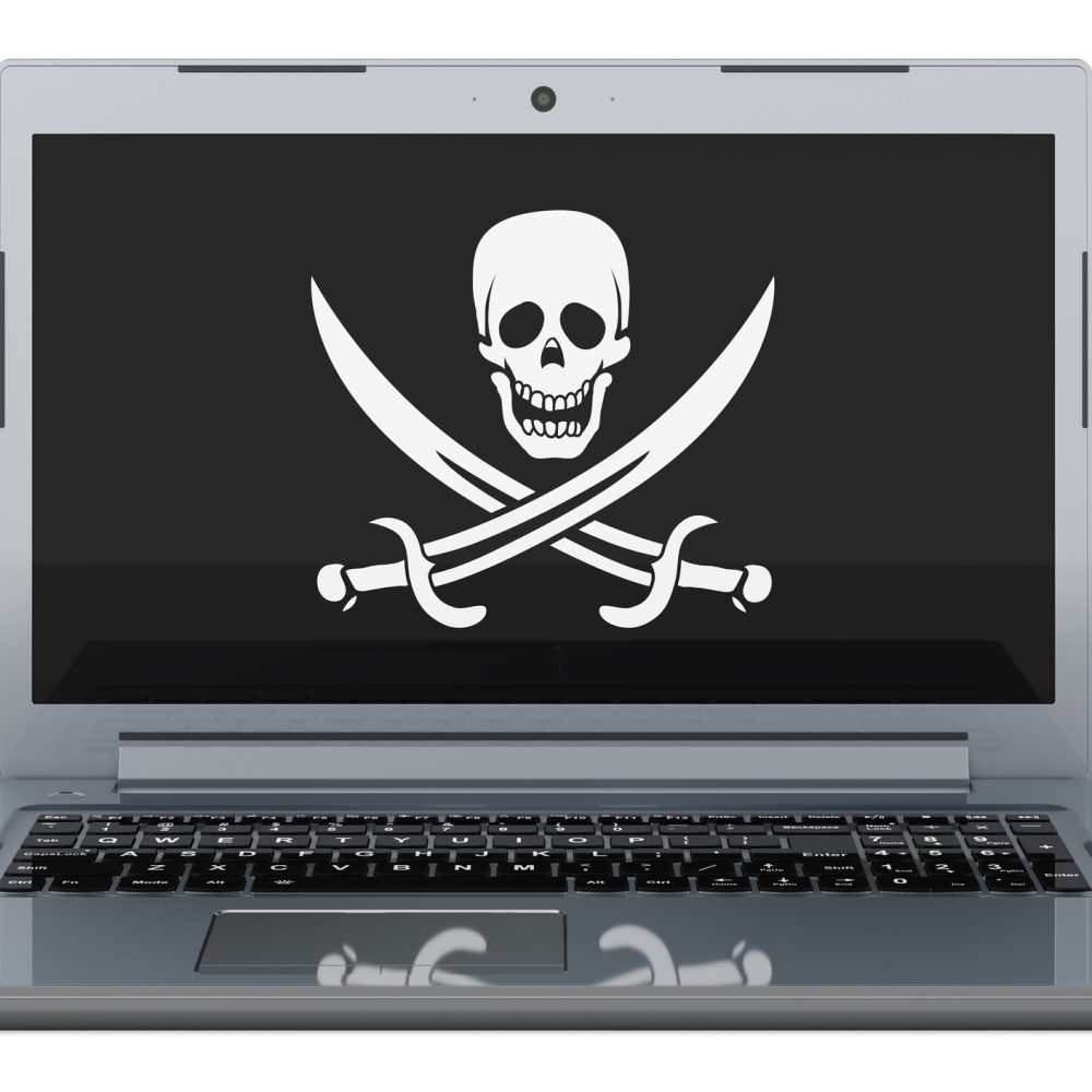 Illustration of a laptop with the skull-and-crossbones pirate symbol on the screen.