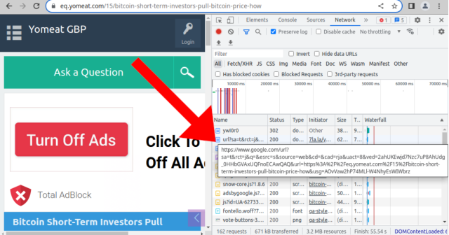 Page source showing the redirection is occurring through Google search.