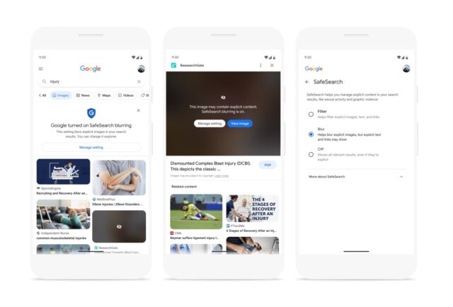 Explicit images, such as the "blast injury" shown in Google's example, will be blurred by default in Google search images, unless a user is over 18, signs in, and turns it off.