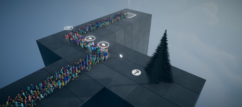 Humans walking on a 3-D cliff toward an exit point