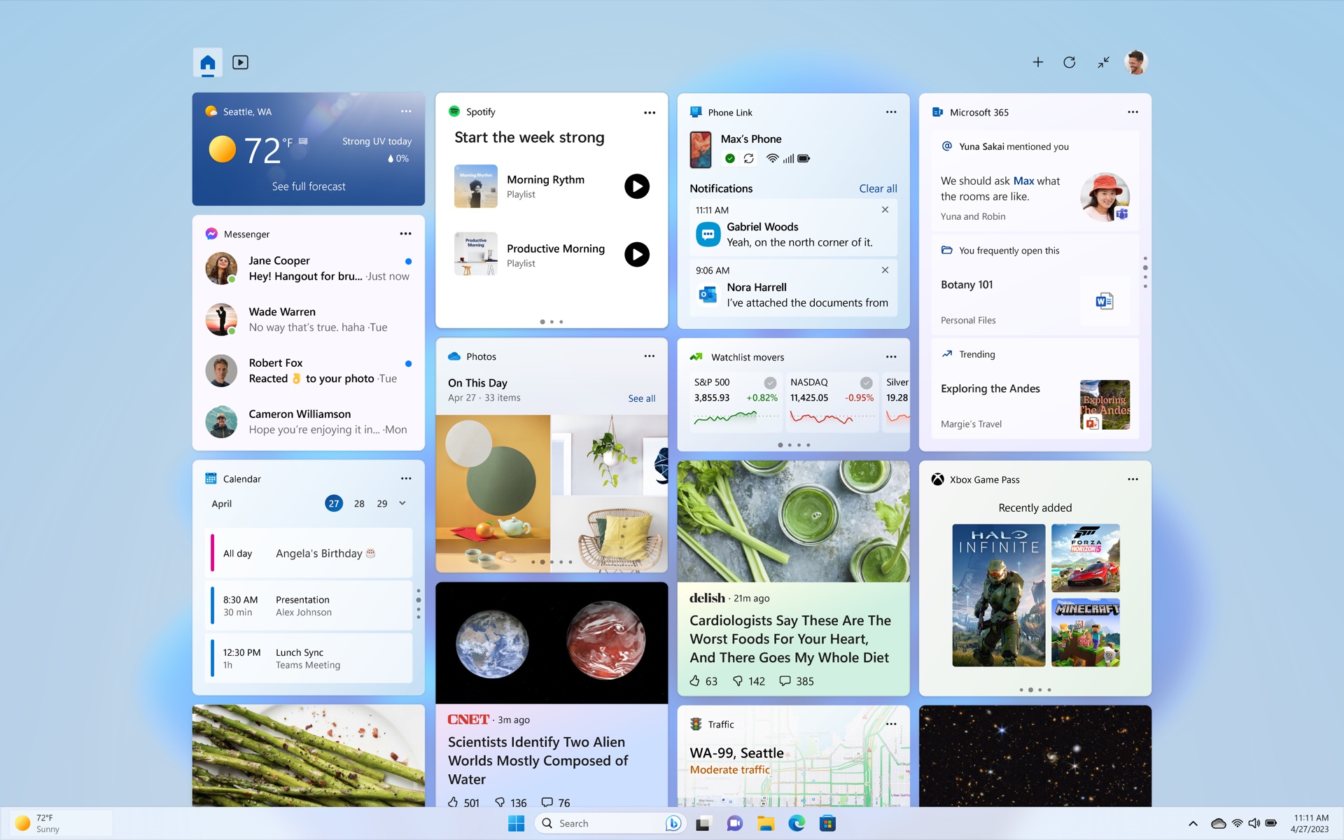 Facebook Messenger, Spotify, Xbox Game Pass, and the Phone Link widgets add little functionality to the Microsoft Start-dominated Widgets screen.