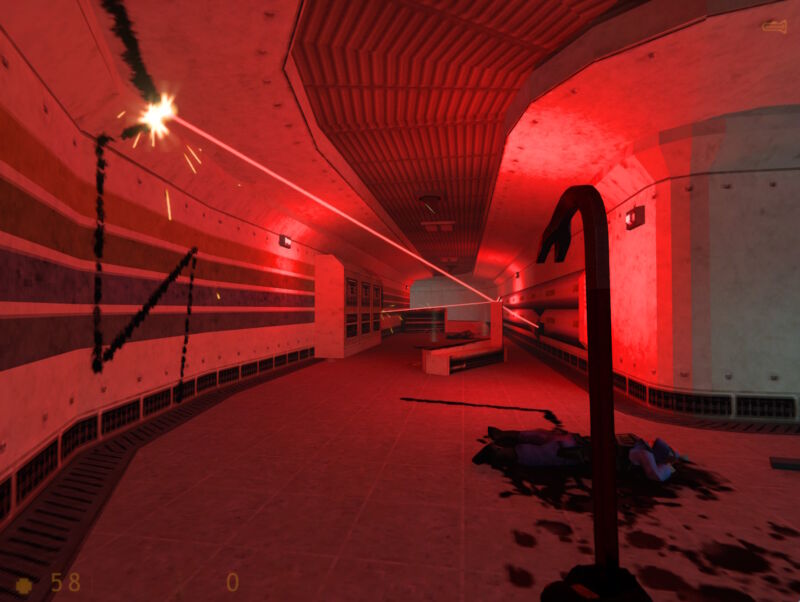 Ray-traced laser cutting through a Half-Life hallway (crowbar up)