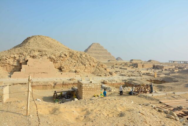The Saqqara State Tombs Project excavation area in Egypt, overlooking the pyramid of Unas and the step pyramid of Djosar.
