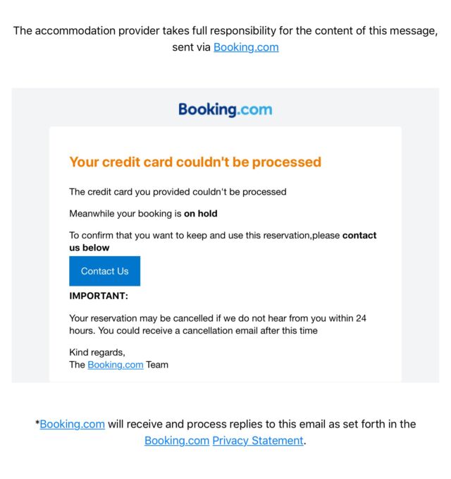 Bir Booking.com kullanıcısının 2018'de aldığı bir dolandırıcılık e-postası.