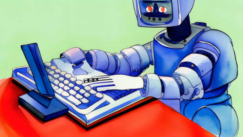 An AI-generated image of a robot anxiously writing a presentation for Clarkesworld.