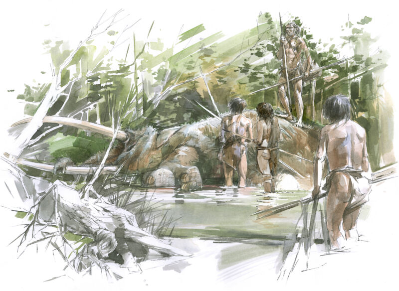 painting showing a group of Neanderthals butchering a slain elephant by the shores of a lake