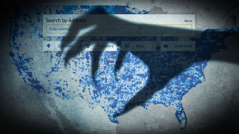 Illustration shows the shadow of a hand over the FCC's broadband availability map.