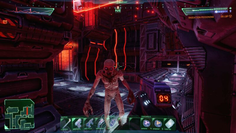 A humanoid mutant approaching the player in a dark corridor in System Shock.