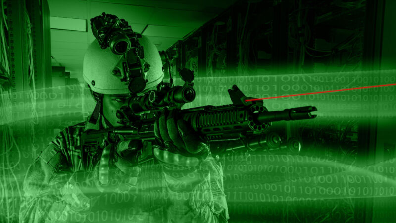 A soldier being attacked by flying 1s and 0s in a green data center.
