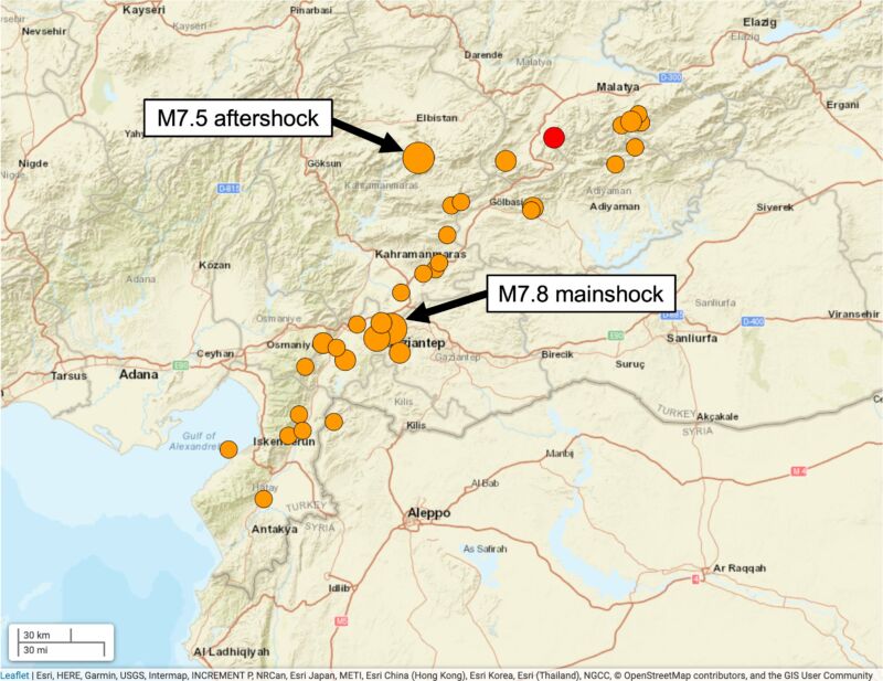 Map of major earthquakes and aftershocks in Turkey on Monday.