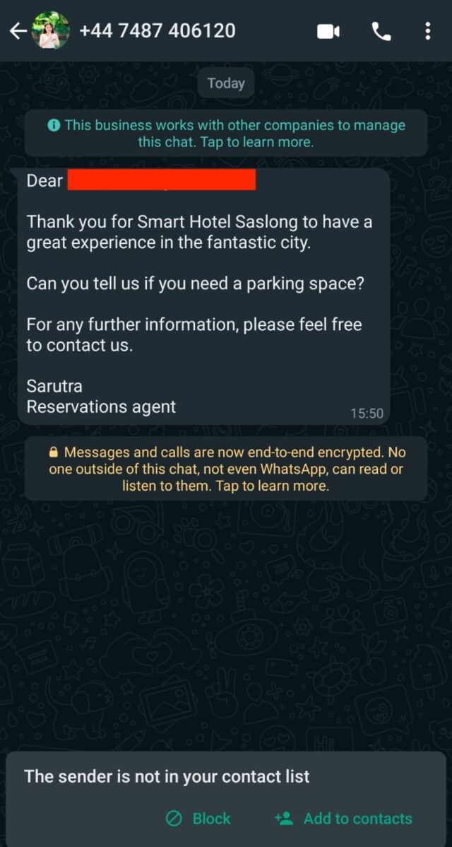 whatsapp message from scammer impersonating hotel