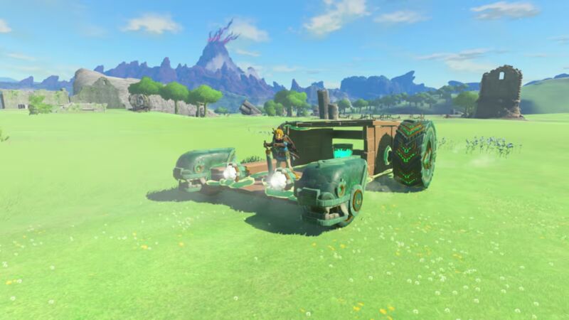Link riding a wild-looking ATV-type vehicle