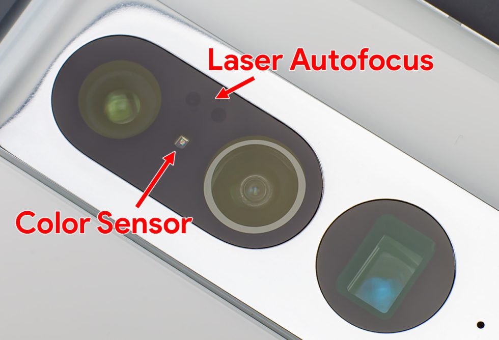 The Pixel 7 Pro has laser autofocus and color sensors tucked between the first two camera lenses. We'll guess that one of these, probably the laser arrangement, is moving to that new cutout under the LED flash.